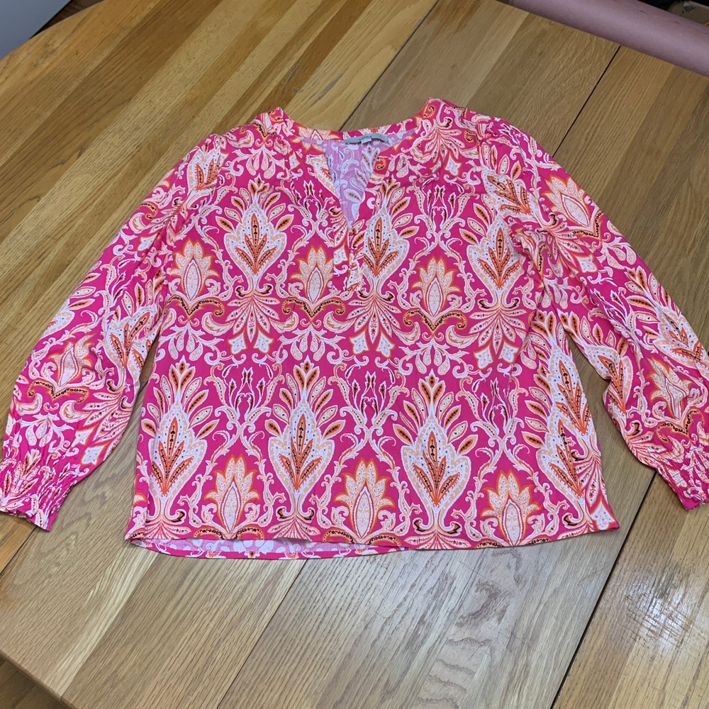 LOFT Pink Orange Paisley Damask Split Neck Blouse Womens Size XL Smocked Cuff
